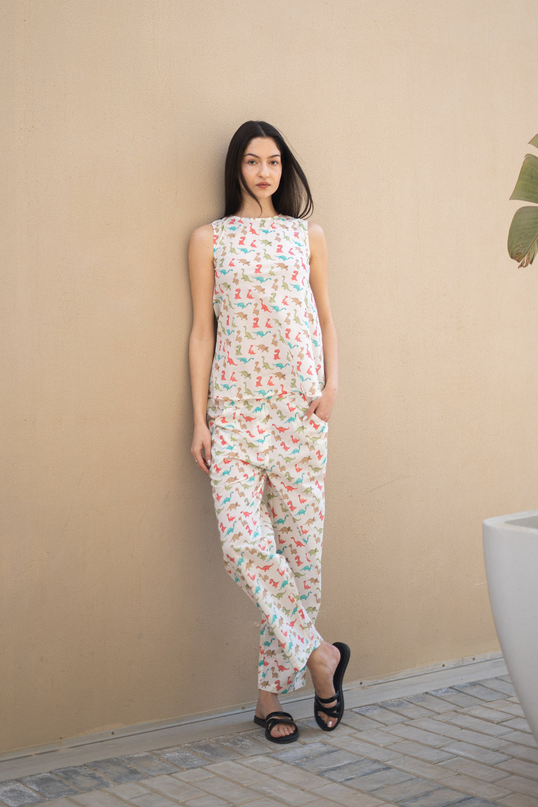 Off White Round Neck Animal Print Cotton Night Suit