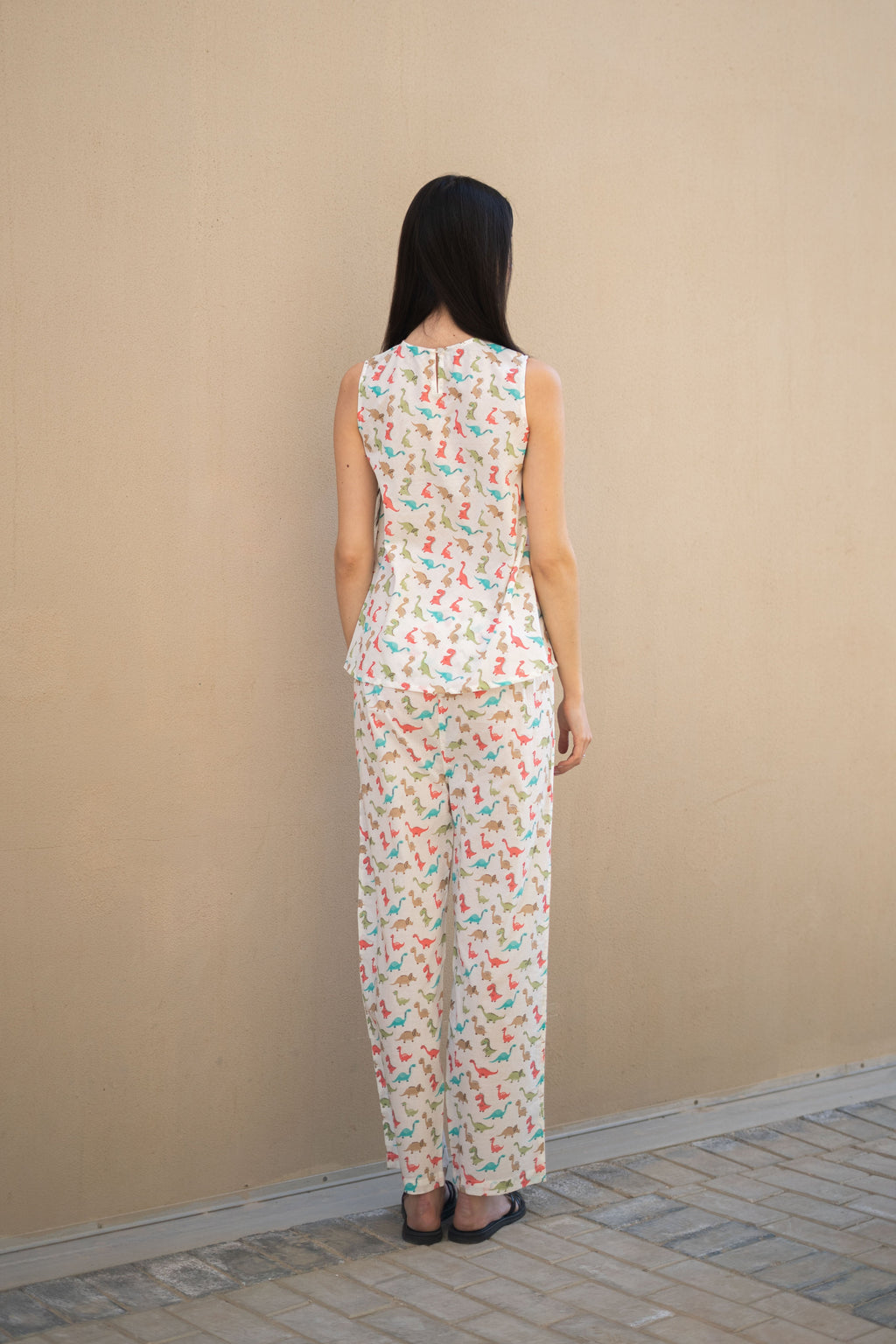 Off White Round Neck Animal Print Cotton Night Suit