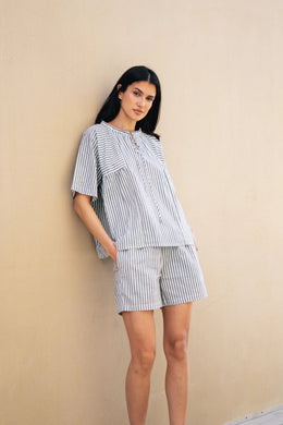 Blue Pure Cotton Striped V-Neck night suit for women - SanskrutiHomes 