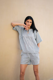Blue Pure Cotton Striped V-Neck night suit for women - SanskrutiHomes 