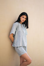 Blue Pure Cotton Striped V-Neck night suit for women - SanskrutiHomes 