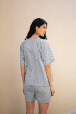 Blue Pure Cotton Striped V-Neck night suit for women - SanskrutiHomes 
