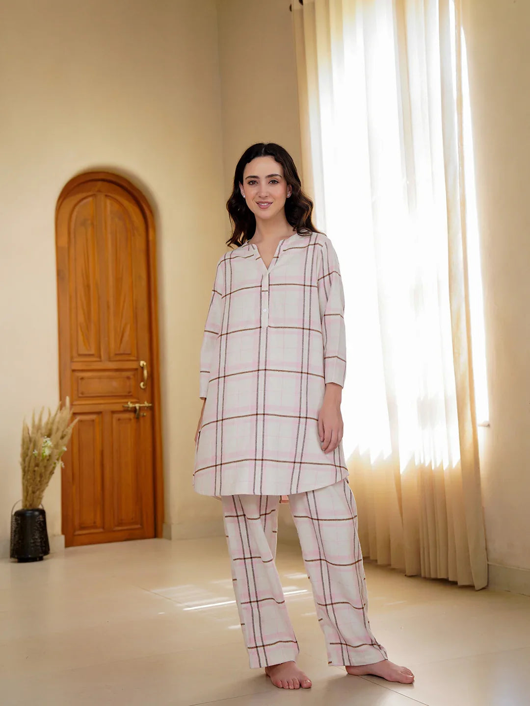 Pink Mandarin Collar Pure Cotton Checked winter Night Suit for Women - SanskrutiHomes 