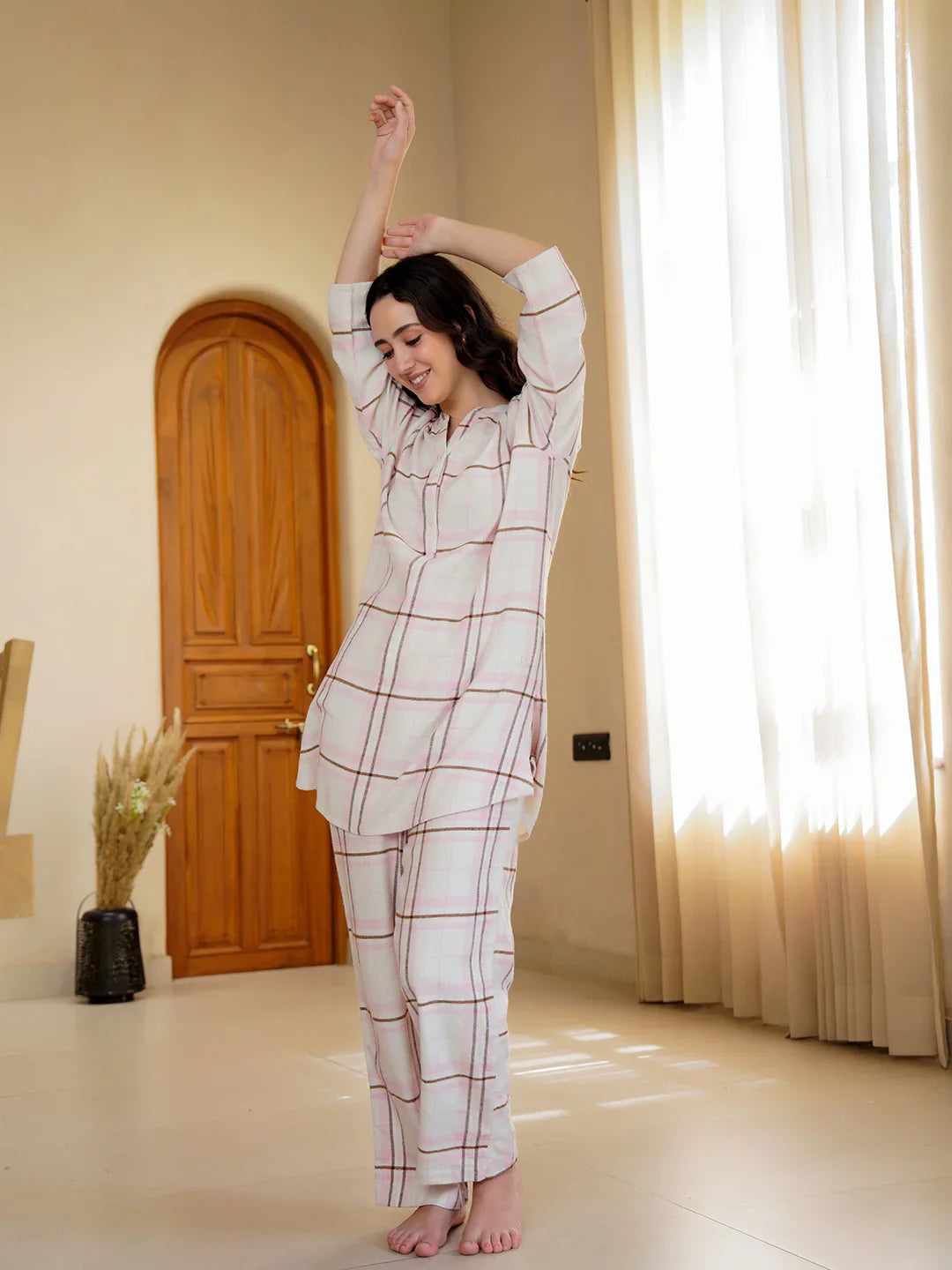 Pink Mandarin Collar Pure Cotton Checked winter Night Suit for Women - SanskrutiHomes 