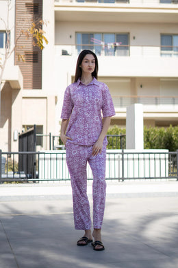 Lavender Color Printed Cotton Night Suit for Women - SanskrutiHomes 