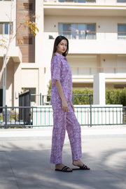 Lavender Color Printed Cotton Night Suit For Women