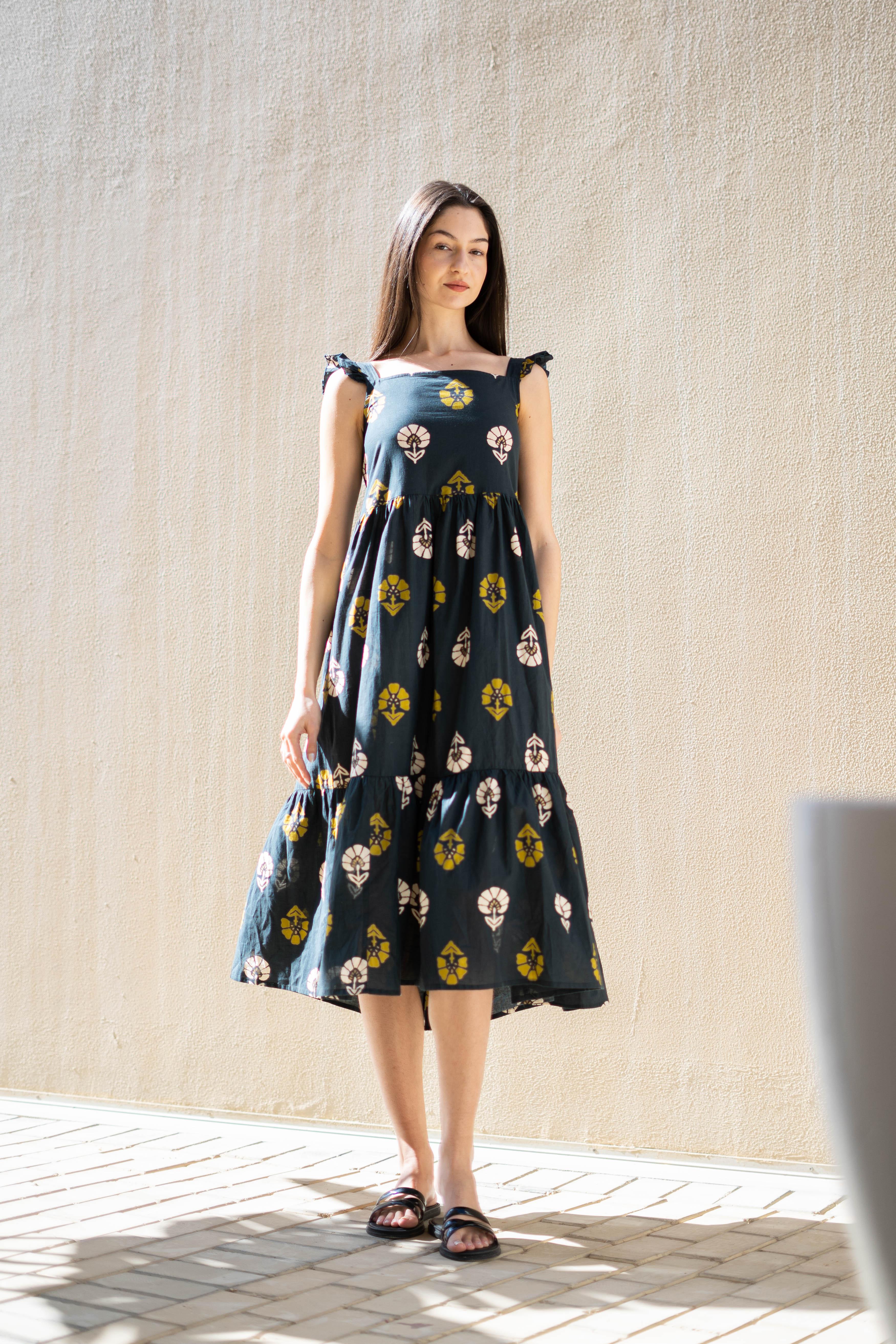 Teal Color Floral Printed Cotton Dress - SanskrutiHomes 