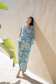 Green Floral Printed V-Neck Co-ords Set - SanskrutiHomes 