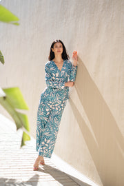 Green Floral Printed V-Neck Co-ords Set - SanskrutiHomes 
