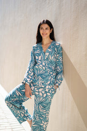 Green Floral Printed V-Neck Co-ords Set - SanskrutiHomes 