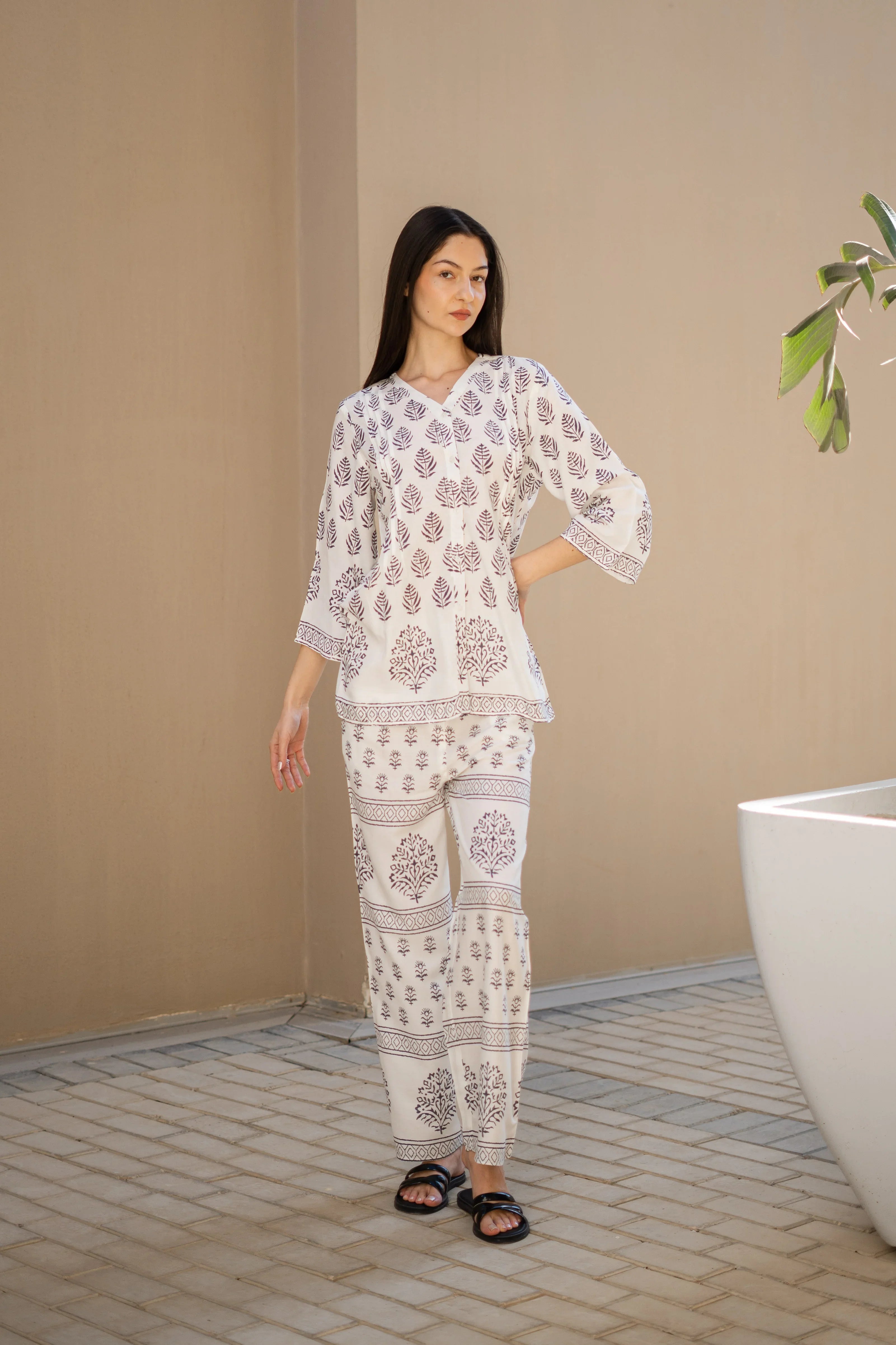 White Ethnic Motif Co Ord Set - SanskrutiHomes 