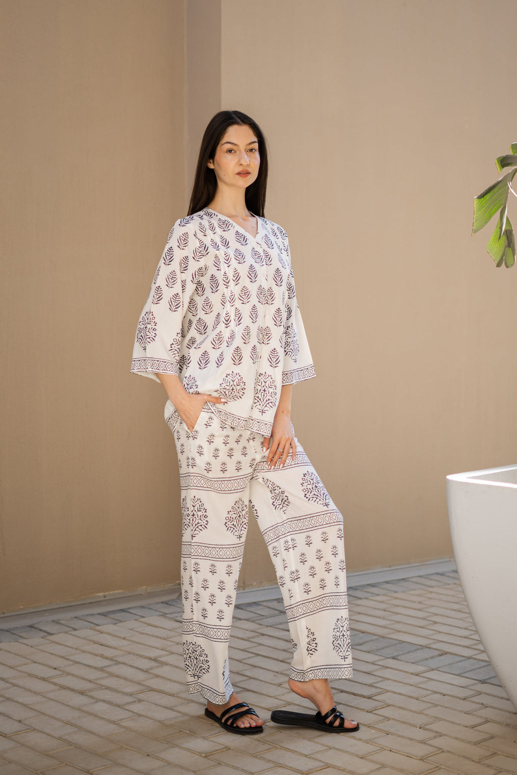 White Ethnic Motif Co Ord Set - SanskrutiHomes 