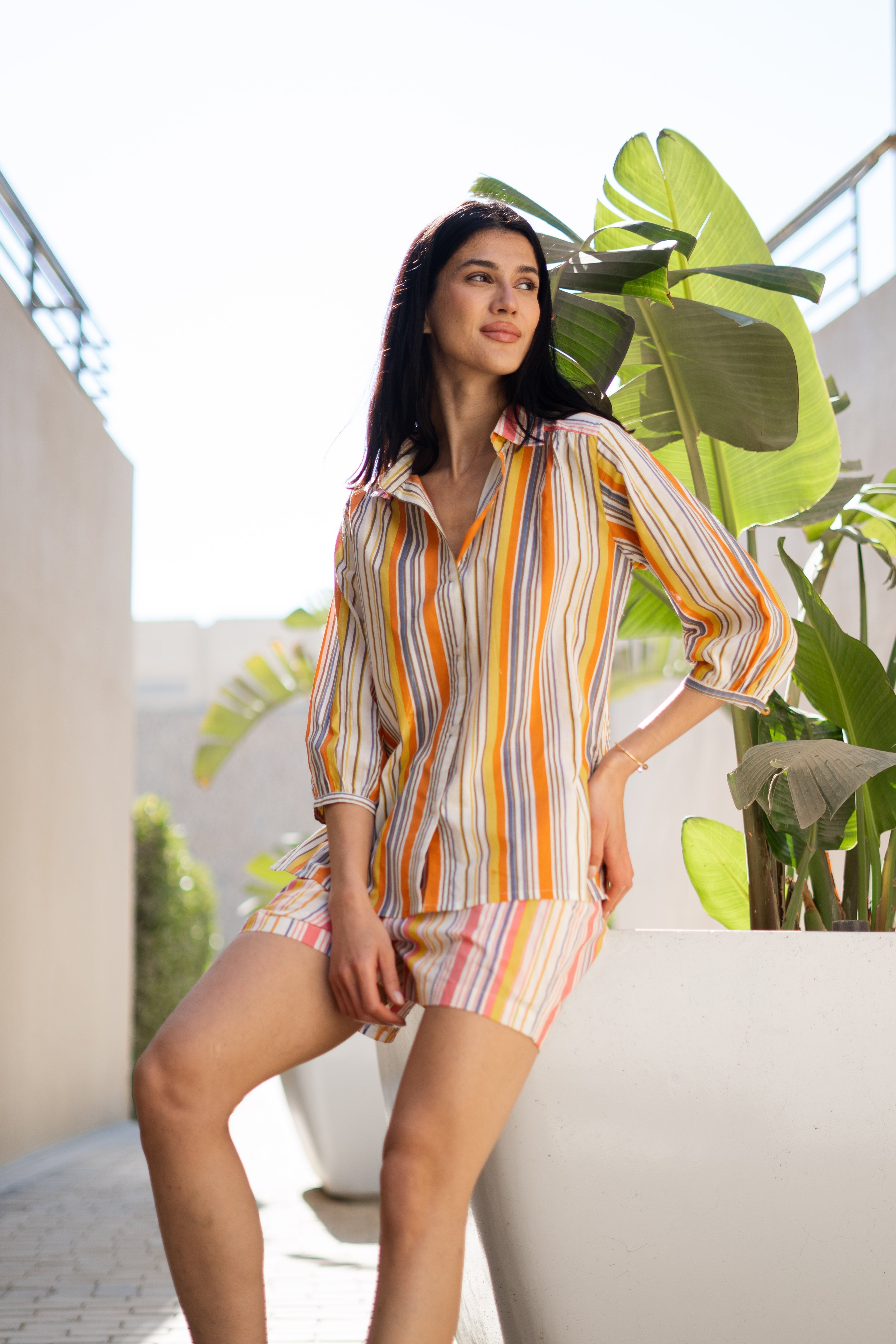 Orange Pure Cotton Printed Shirt Collar Night Suit for Women - SanskrutiHomes 