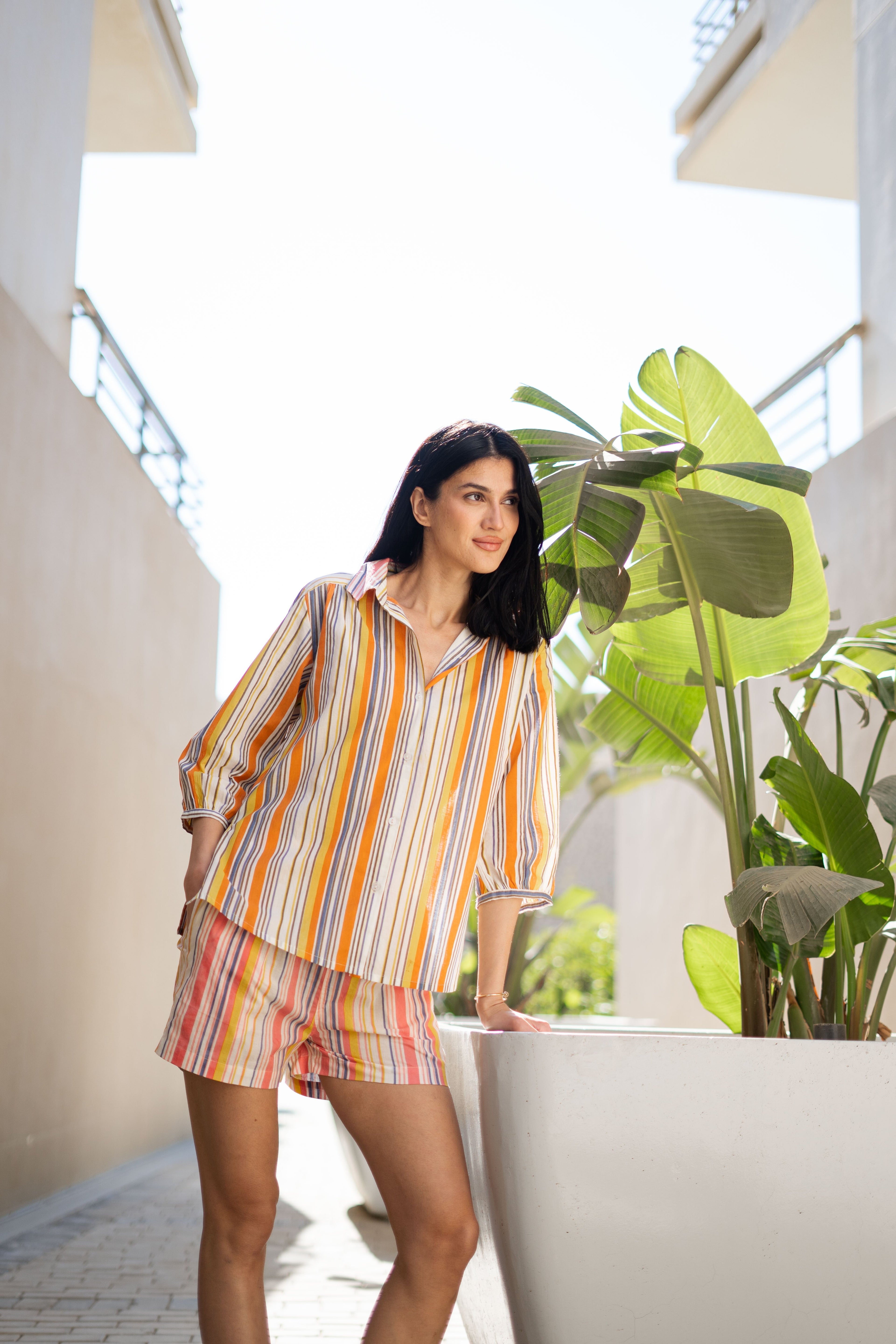 Orange Pure Cotton Printed Shirt Collar Night Suit for Women - SanskrutiHomes 