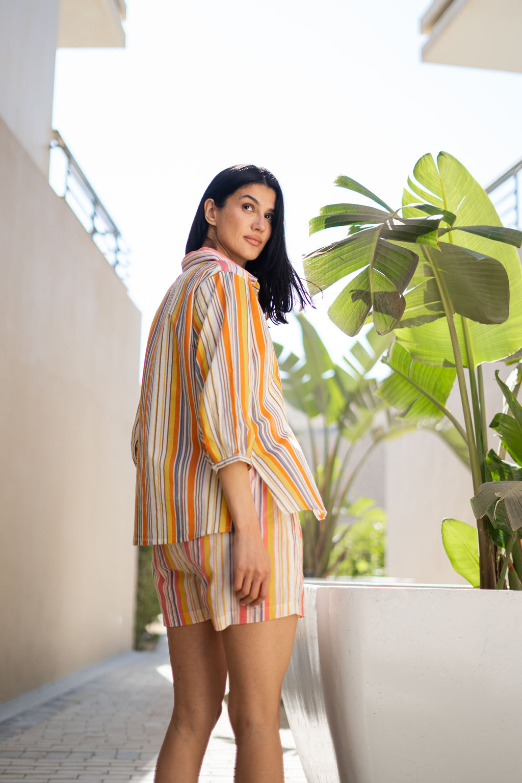 Orange Pure Cotton Printed Shirt Collar Night Suit for Women - SanskrutiHomes 