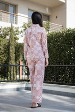Camel Brown Pure Cotton Printed Shirt Collar night suit for women - SanskrutiHomes 