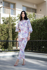 White Floral Printed Round Neck Night Suit Set - SanskrutiHomes 