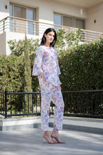 White Floral Printed Round Neck Night Suit Set - SanskrutiHomes 