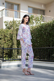 White Floral Printed Round Neck Night Suit Set - SanskrutiHomes 
