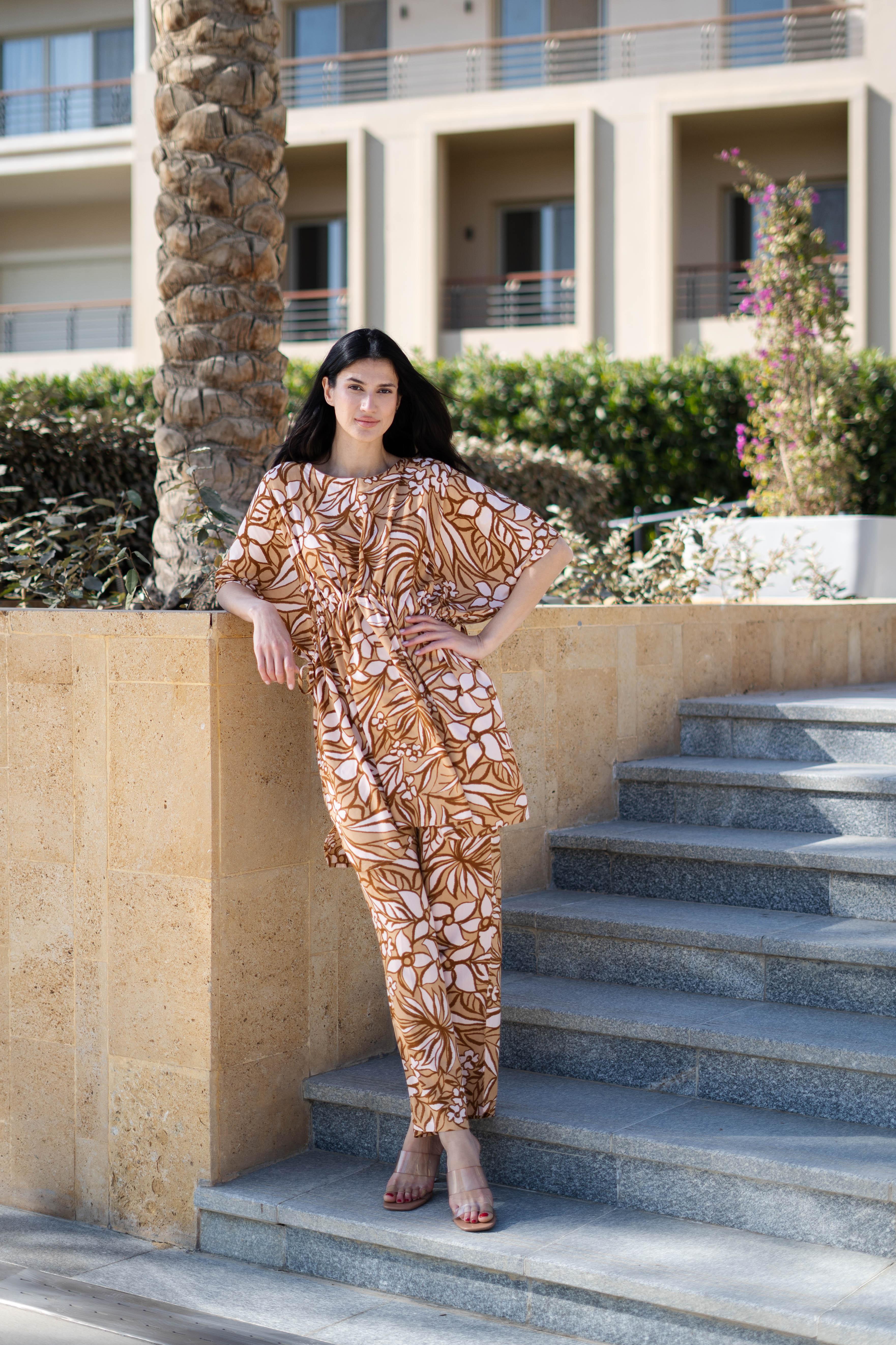 Coffee Brown Floral Printed Kaftan Night Suit - SanskrutiHomes 