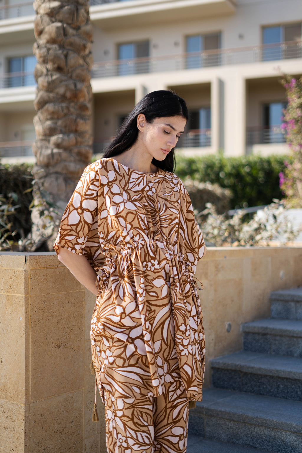 Coffee Brown Floral Printed Kaftan Night Suit - SanskrutiHomes 