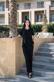 Black Pure Cotton Solid V-Neck night suit for women - SanskrutiHomes 