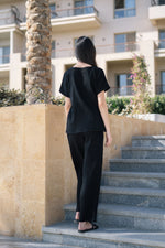 Black Pure Cotton Solid V-Neck night suit for women - SanskrutiHomes 