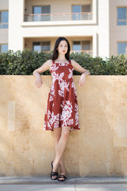 Red Floral Printed Square Neck Dress for Women - SanskrutiHomes 