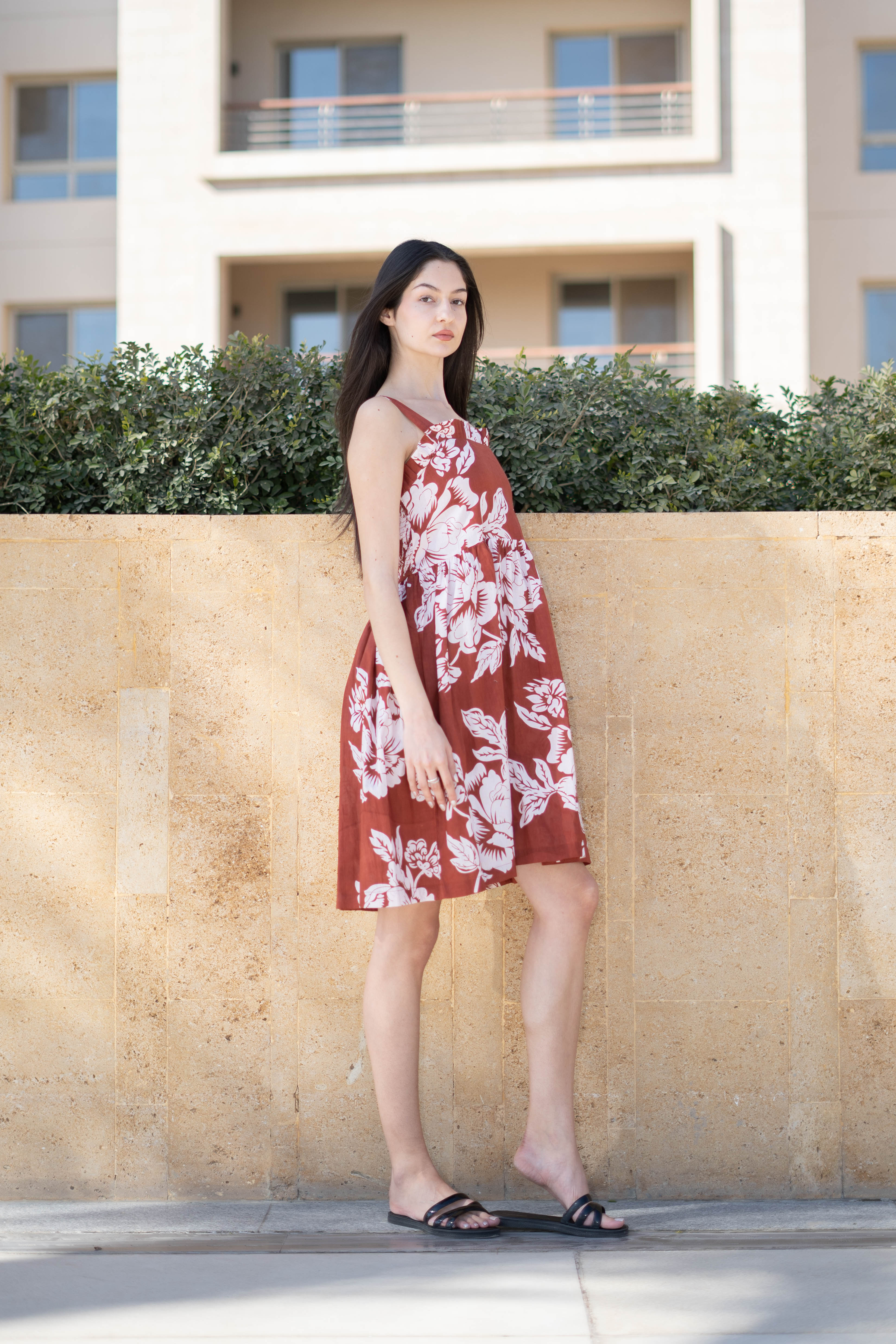 Red Floral Printed Square Neck Dress for Women - SanskrutiHomes 