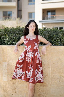 Red Floral Printed Square Neck Dress for Women - SanskrutiHomes 