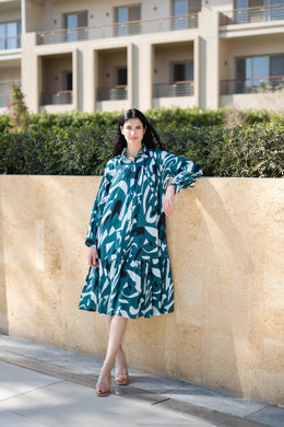 Teal Color Shirt Collar Printed Cotton Dress - SanskrutiHomes 