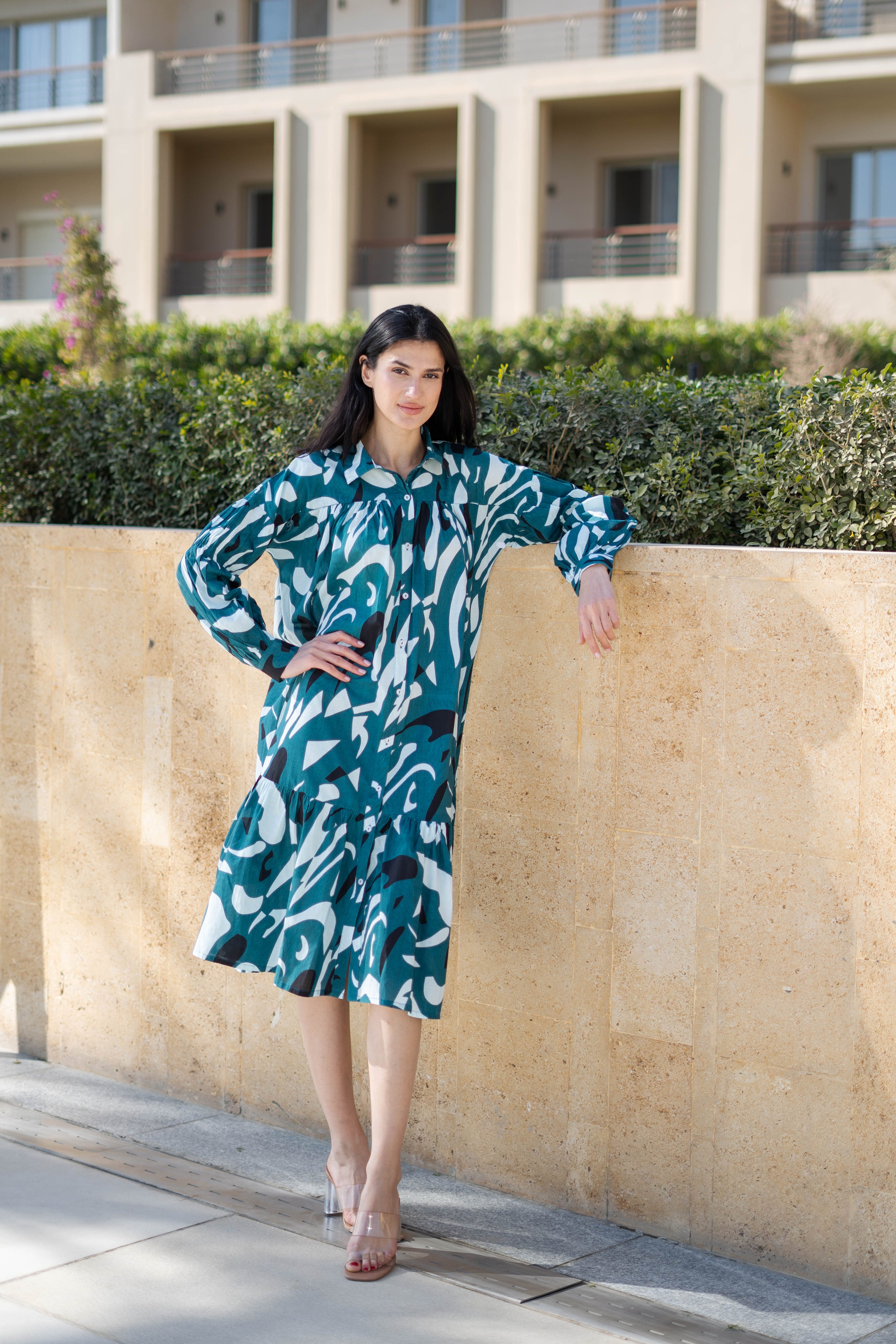 Teal Color Shirt Collar Printed Cotton Dress - SanskrutiHomes 