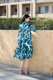 Teal Color Shirt Collar Printed Cotton Dress