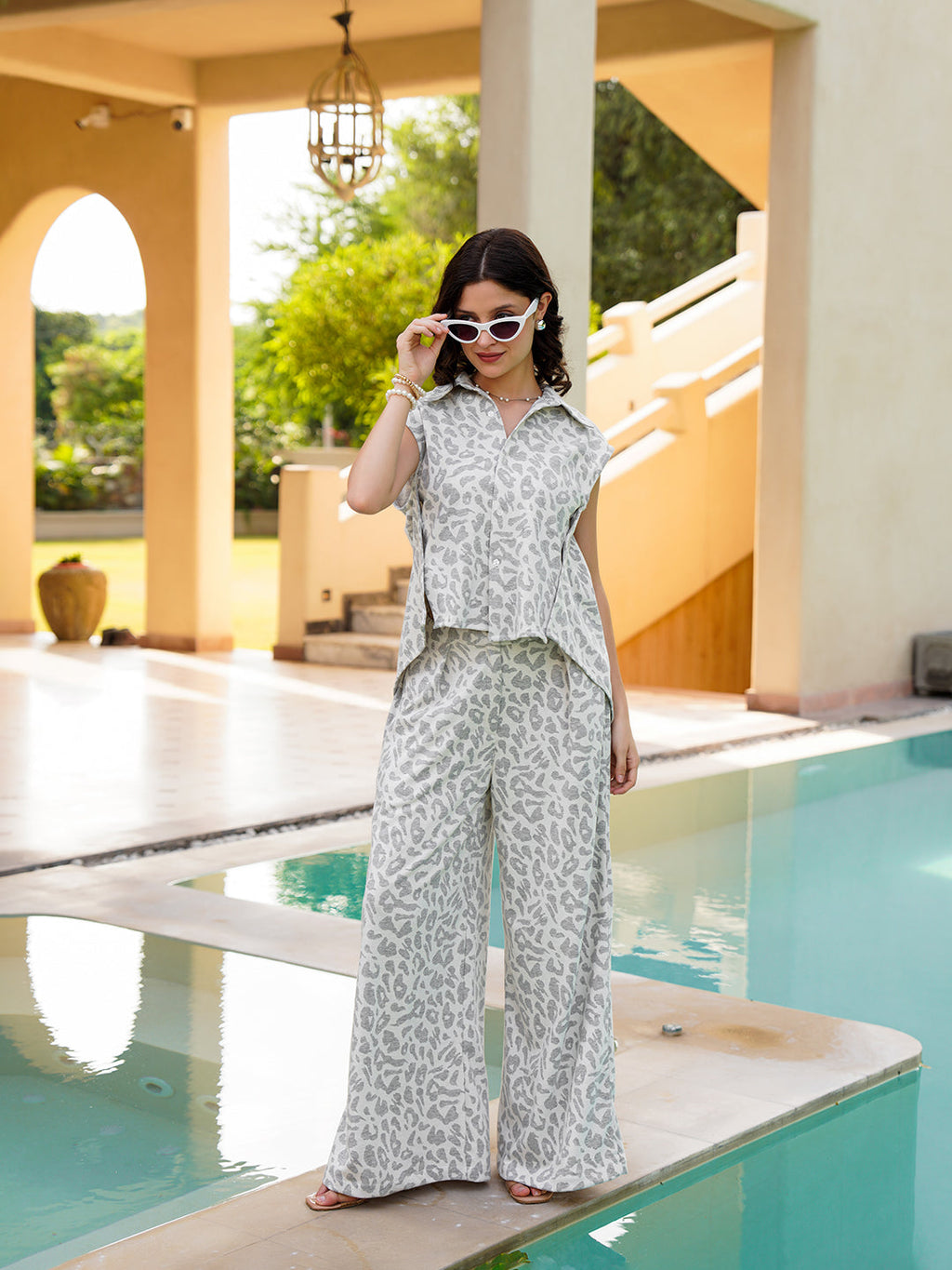 Grey Shirt Collar Cotton Blend Printed Co-Ords Set For Women