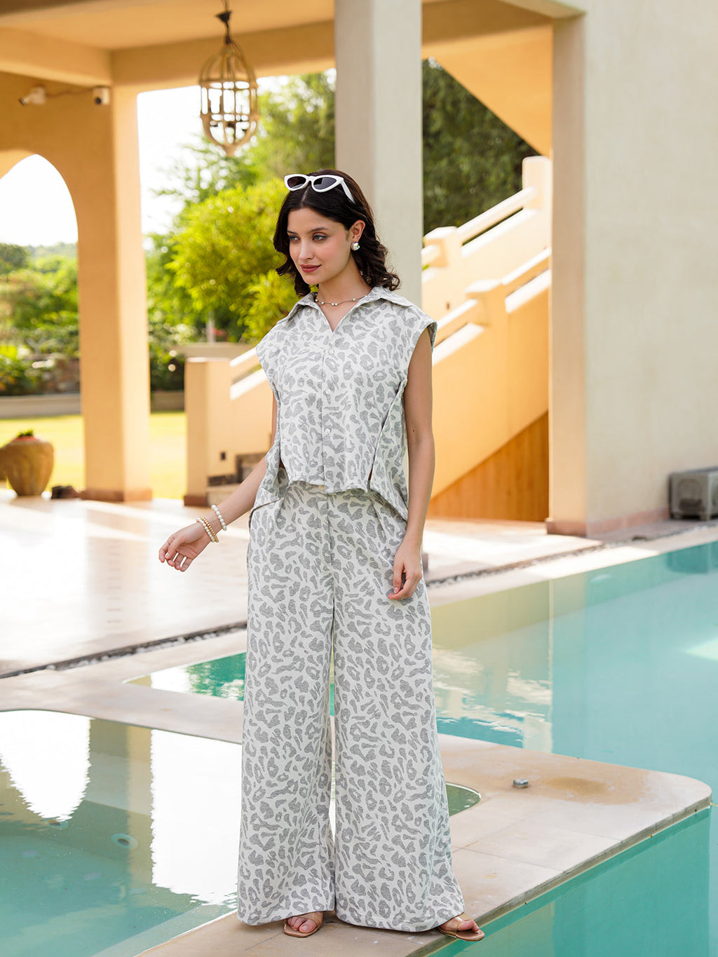 Grey Shirt Collar Cotton Blend Printed Co-Ords Set For Women