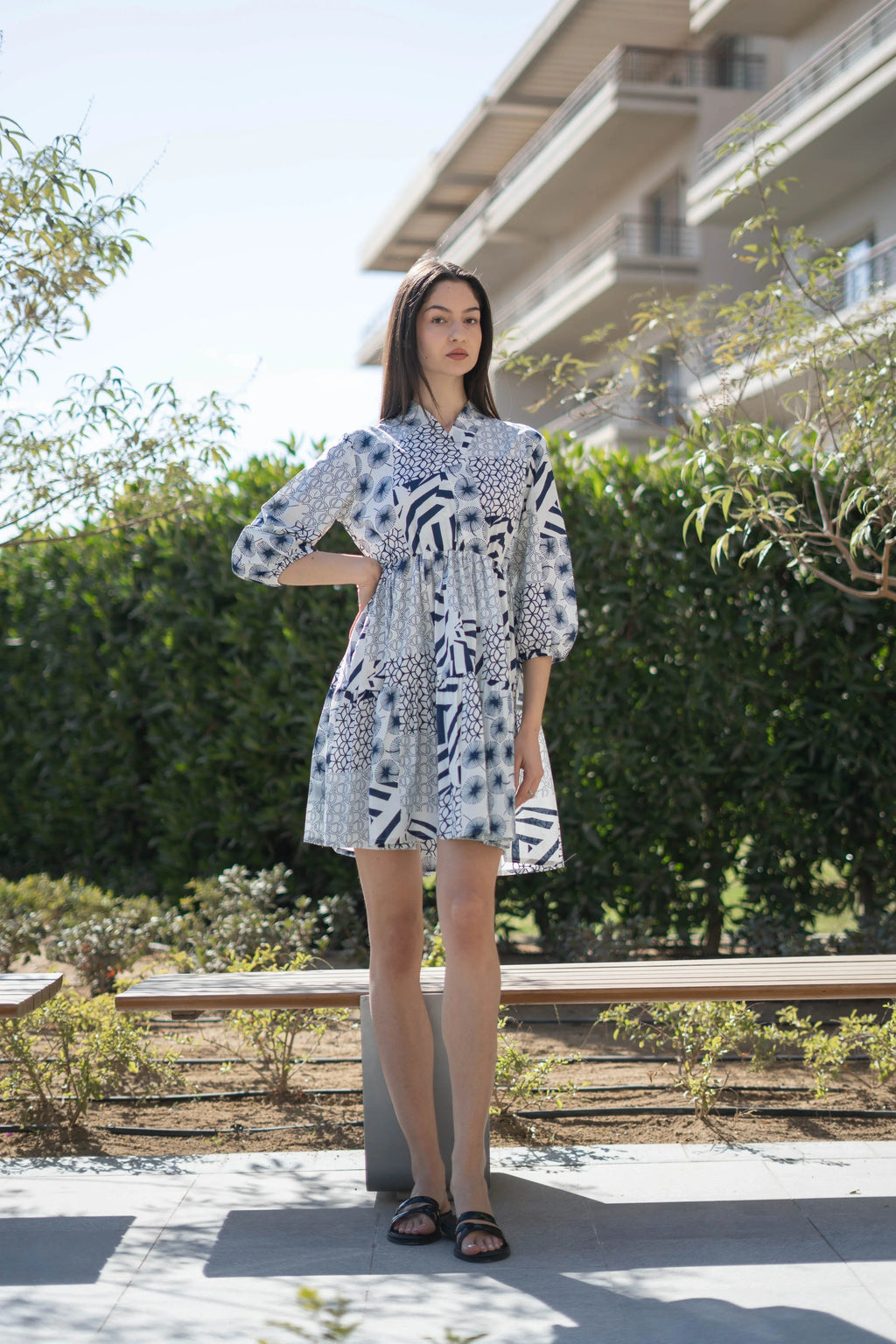 White Color Geometric Print Cotton Dress for Women - SanskrutiHomes 