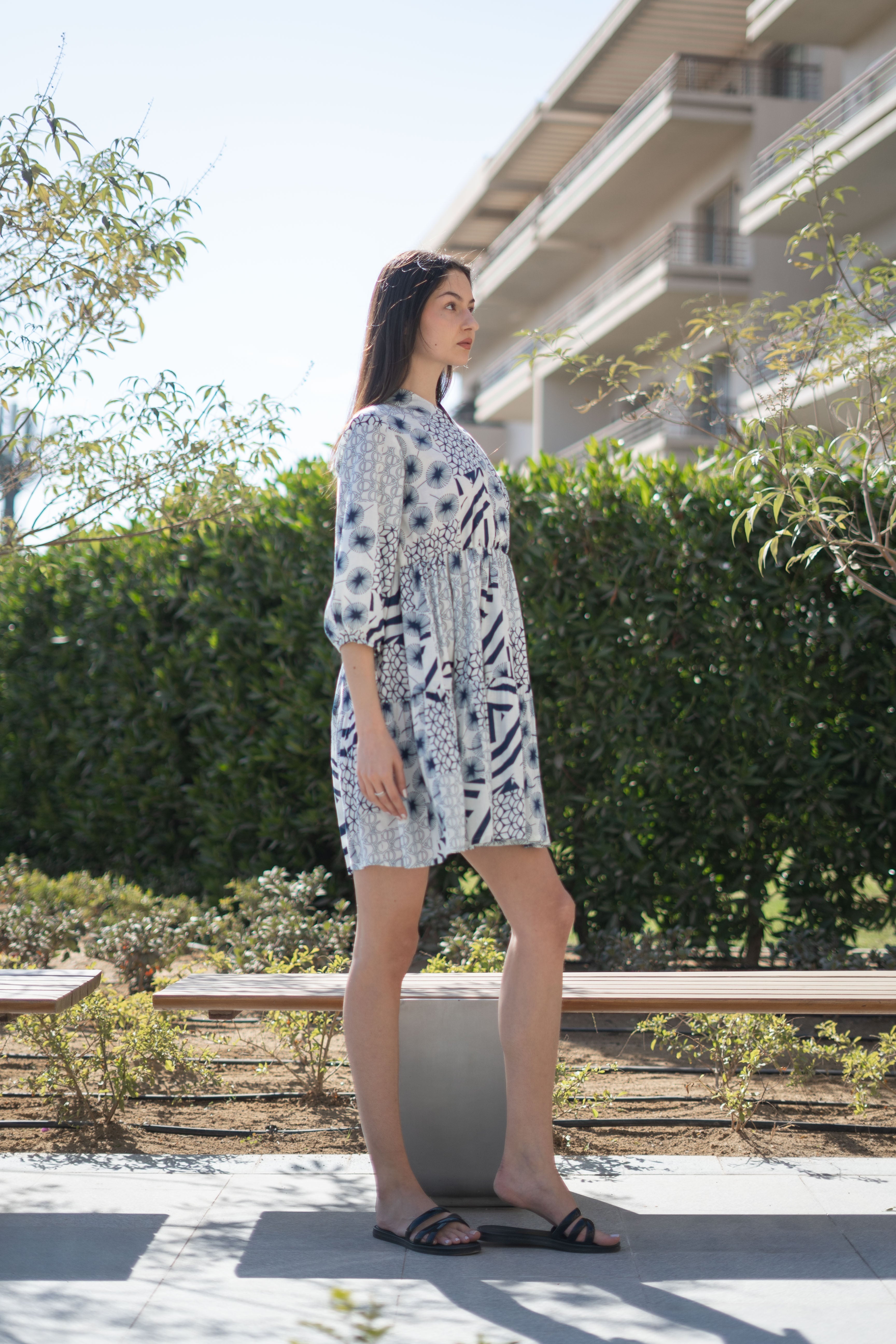 White Color Geometric Print Cotton Dress for Women - SanskrutiHomes 