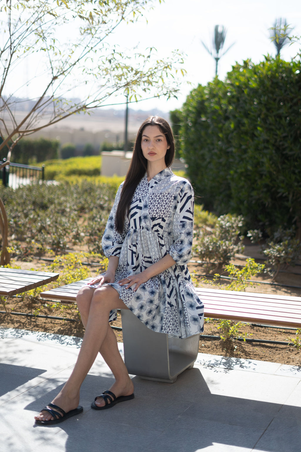 White Color Geometric Print Cotton Dress for Women - SanskrutiHomes 