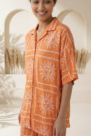 Rust Geometric Print Shirt Collar Night Suit For Women