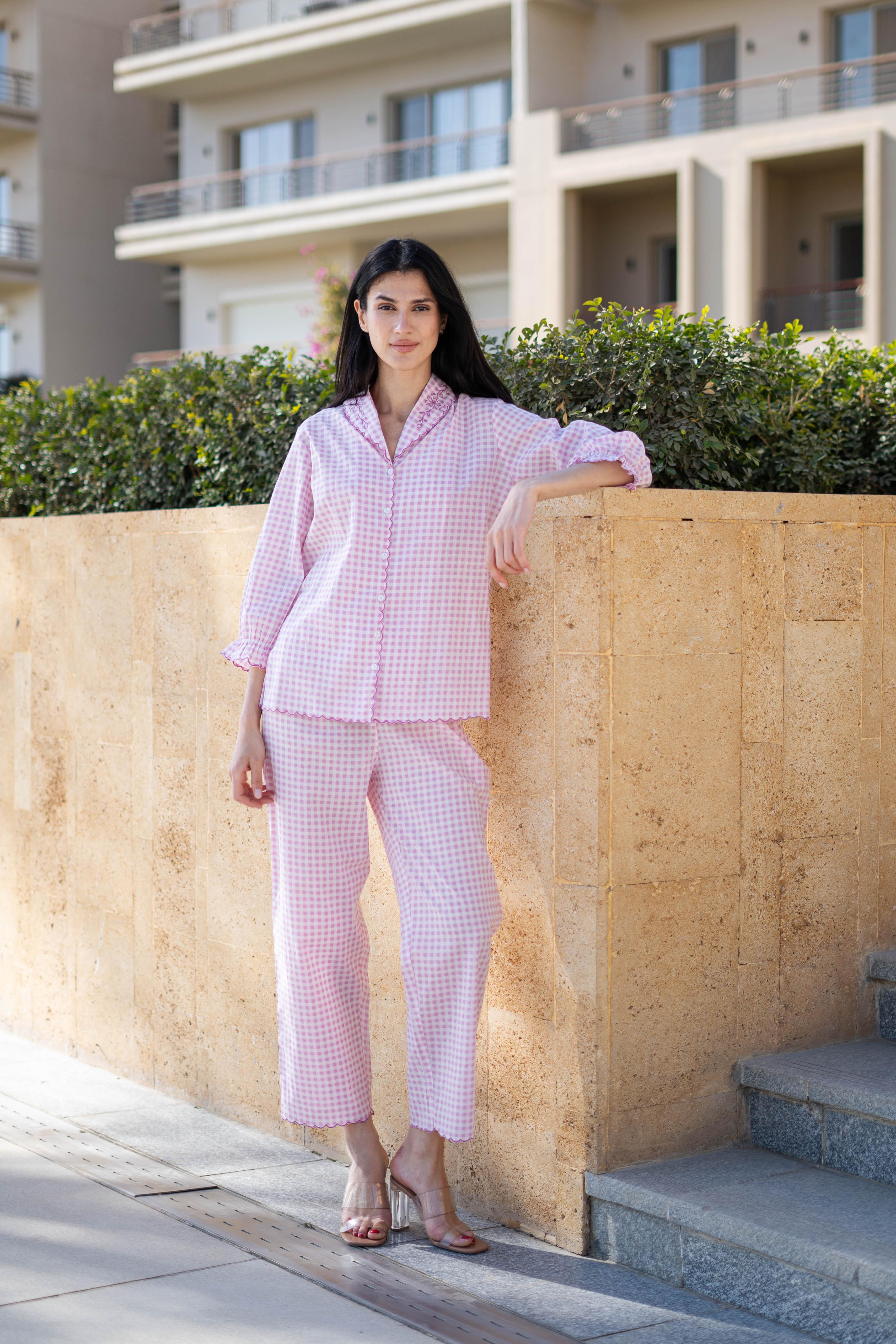 Pink Pure Cotton Checked Lapel Collar night suit for women - SanskrutiHomes 