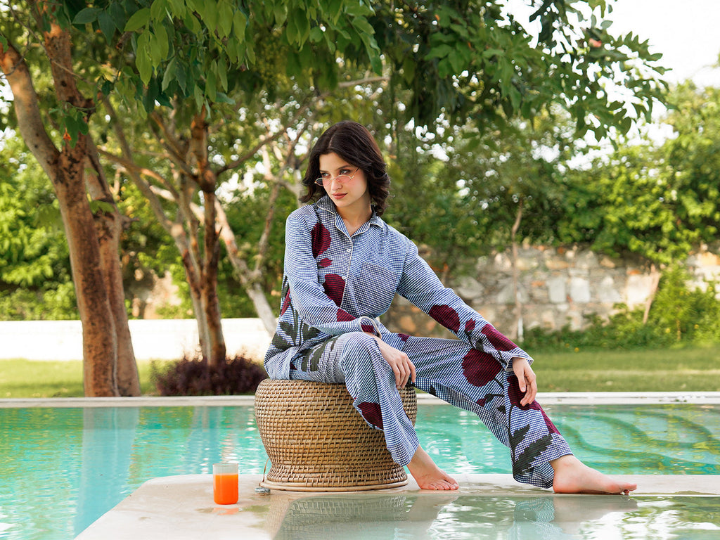 Pink Pure Cotton Checked Lapel Collar night suit for women - SanskrutiHomes 