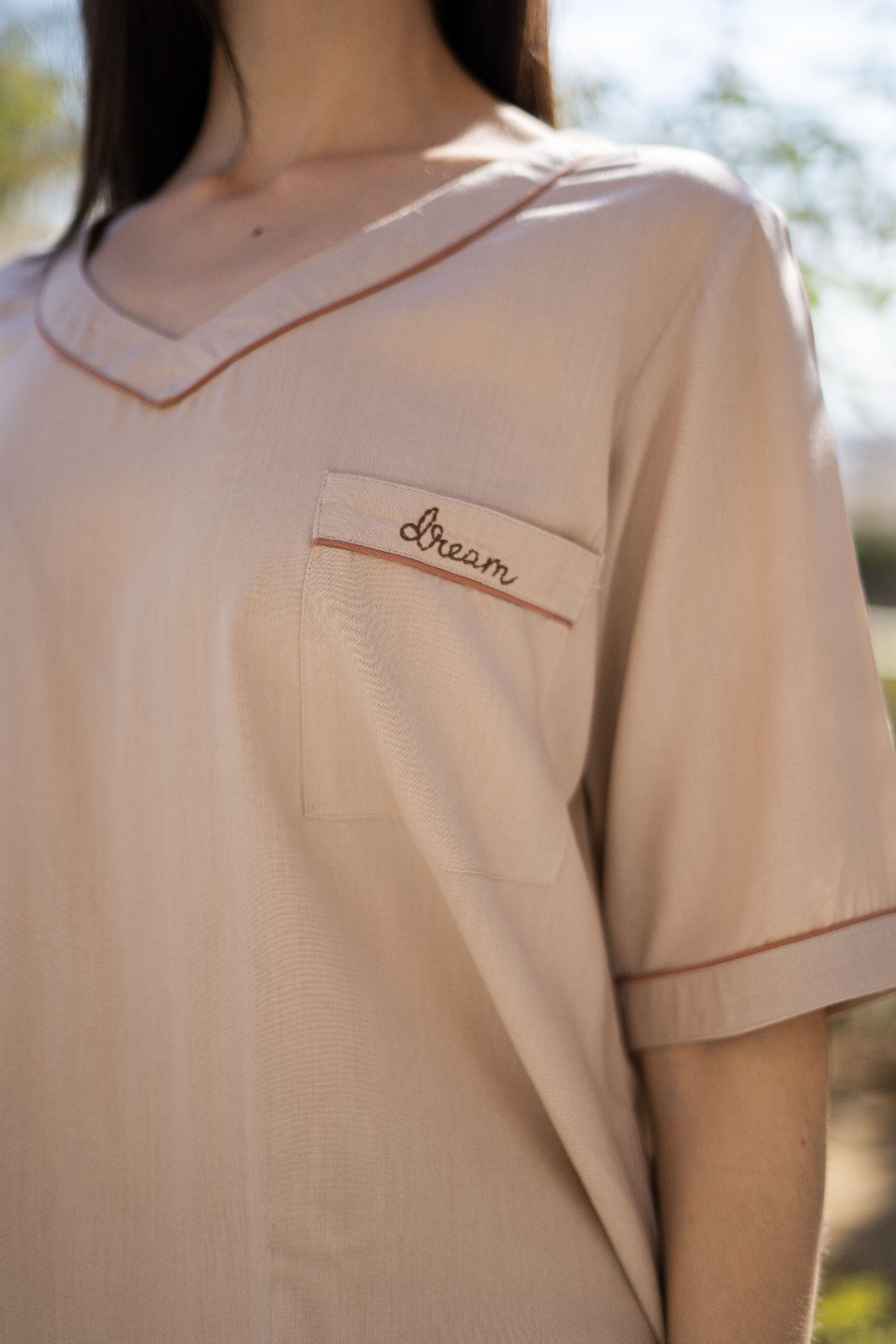 Cream Color V-Neck Viscose Rayon Night Suit for Women - SanskrutiHomes 