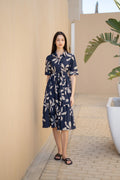 Navy Blue Floral Printed Shirt Collar Dress - SanskrutiHomes 