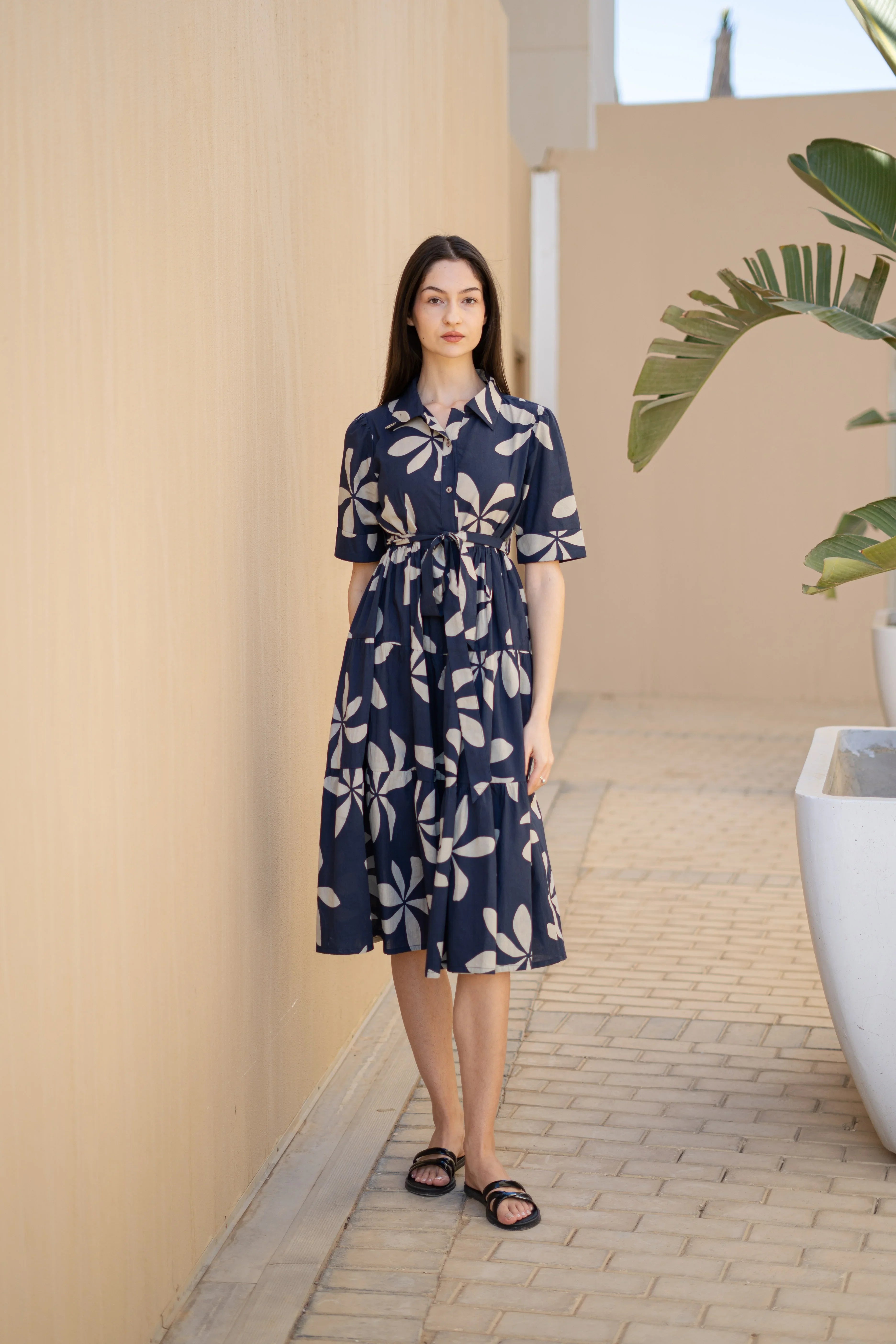 Navy Blue Floral Printed Shirt Collar Dress - SanskrutiHomes 