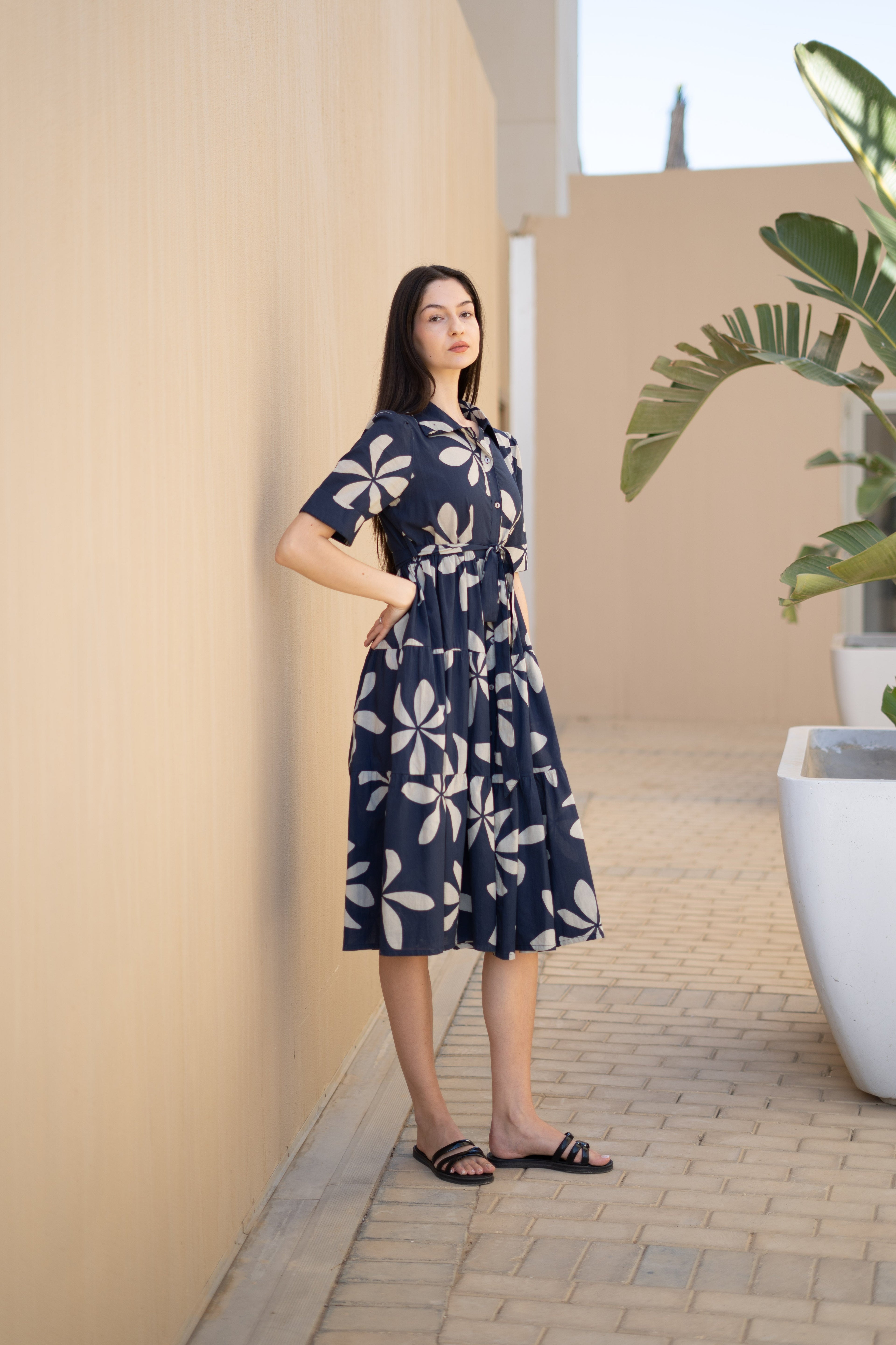 Navy Blue Floral Printed Shirt Collar Dress - SanskrutiHomes 