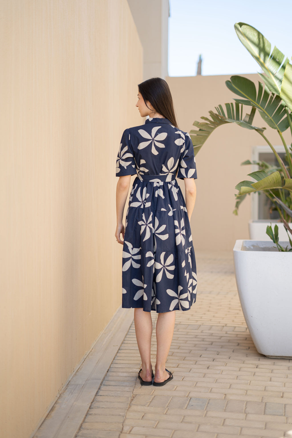 Navy Blue Floral Printed Shirt Collar Dress - SanskrutiHomes 