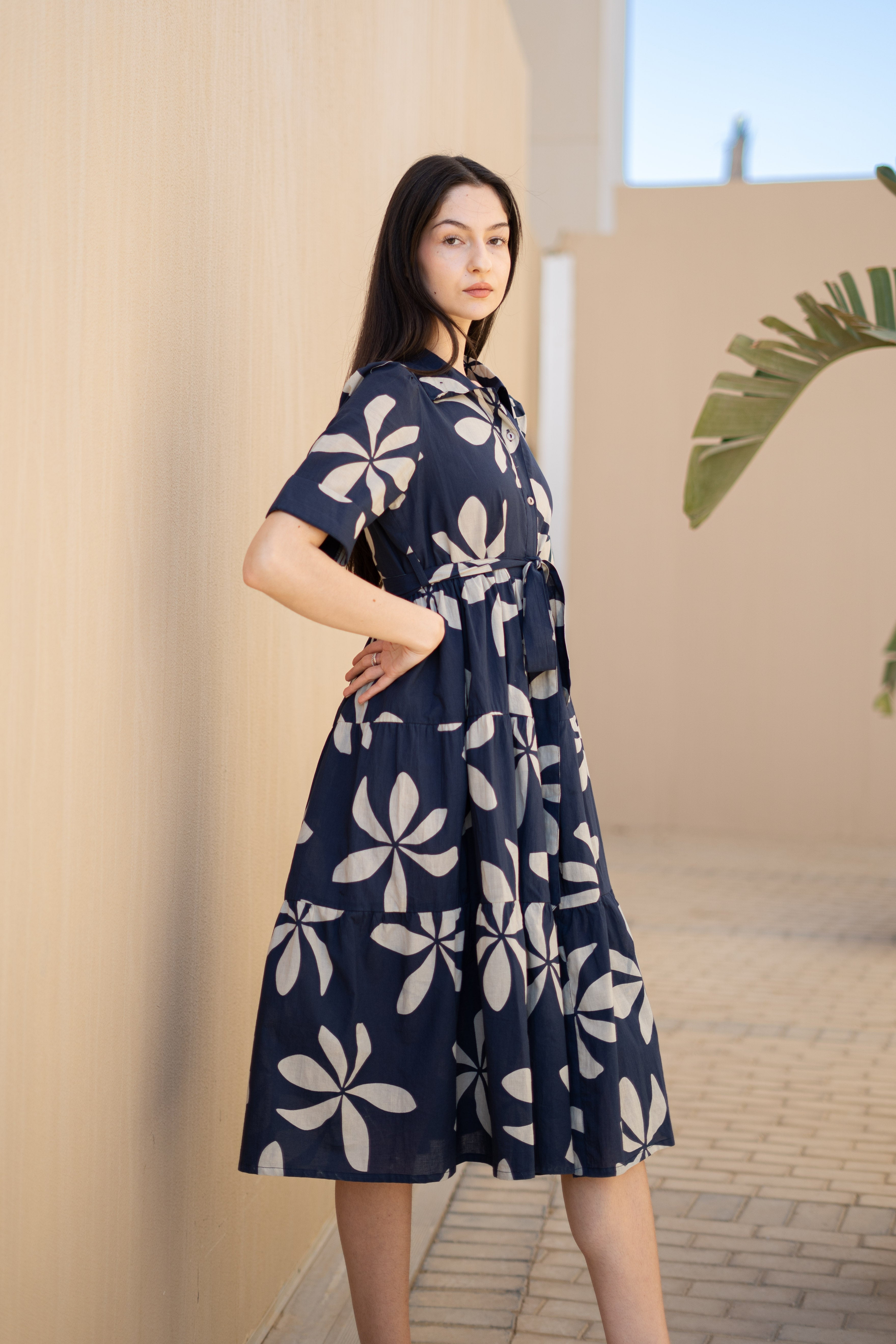 Navy Blue Floral Printed Shirt Collar Dress - SanskrutiHomes 