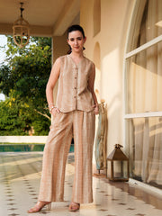 Brown V-Neck Polyester Striped Co-Ords Set For Women