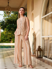 Brown V-Neck Polyester Striped Co-Ords Set For Women