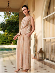 Brown V-Neck Polyester Striped Co-Ords Set For Women